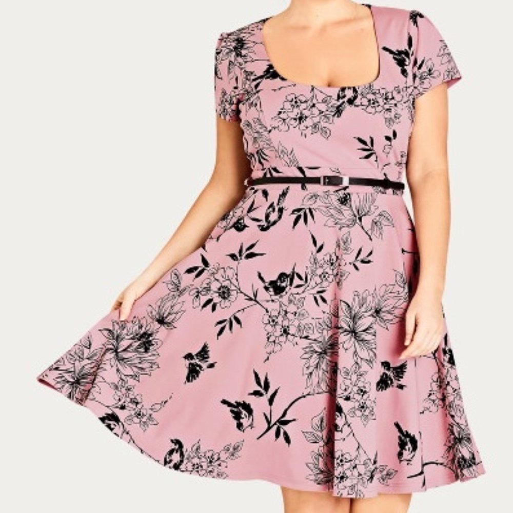 City Chic Birdy Flock Skater Dress, XXL / 24